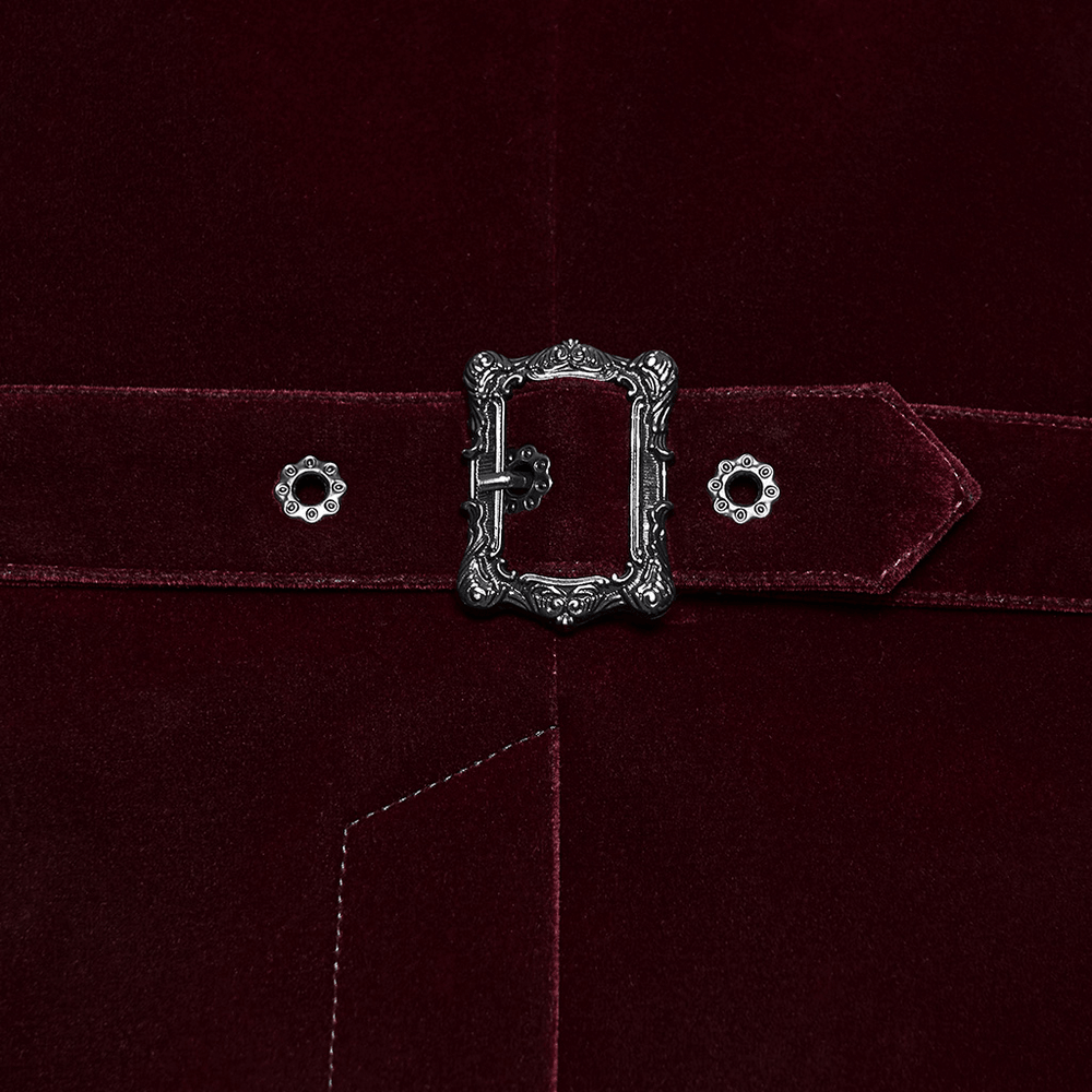 Vintage Dark Pattern Waistcoat with Chain Brooch Detail burgundy velvet gothic vest buckle close-up