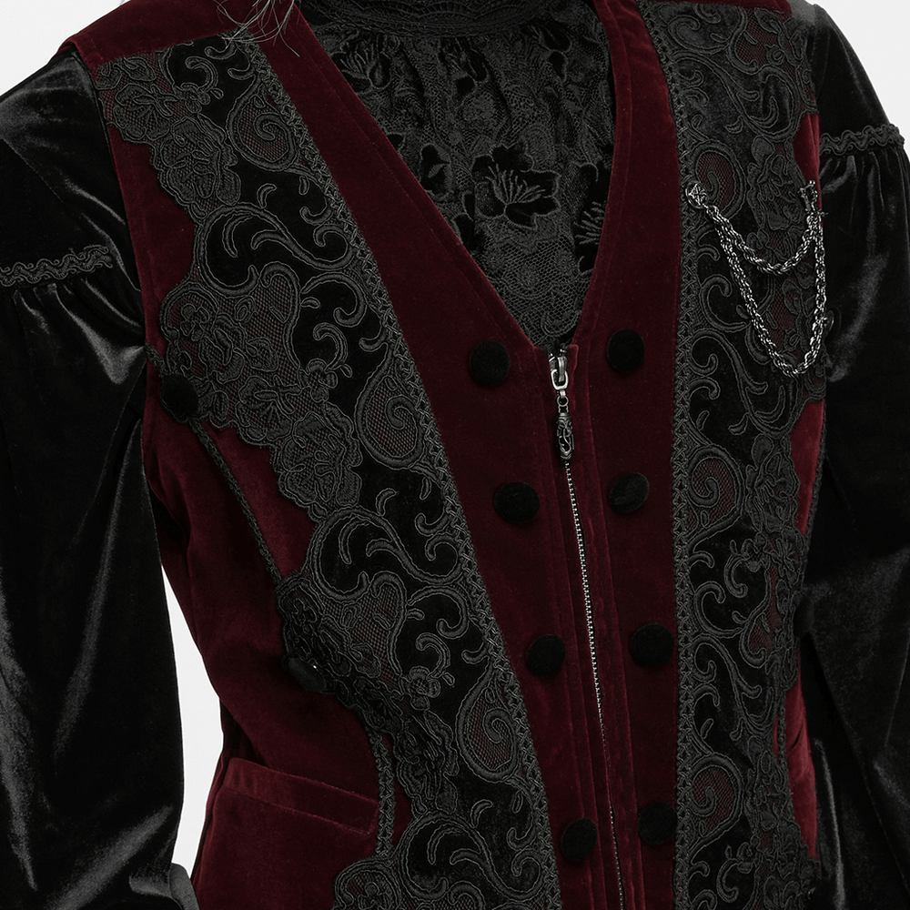 Vintage Dark Pattern Waistcoat with Chain Brooch Detail burgundy velvet gothic vest with embroidered trim and ornate chain accent