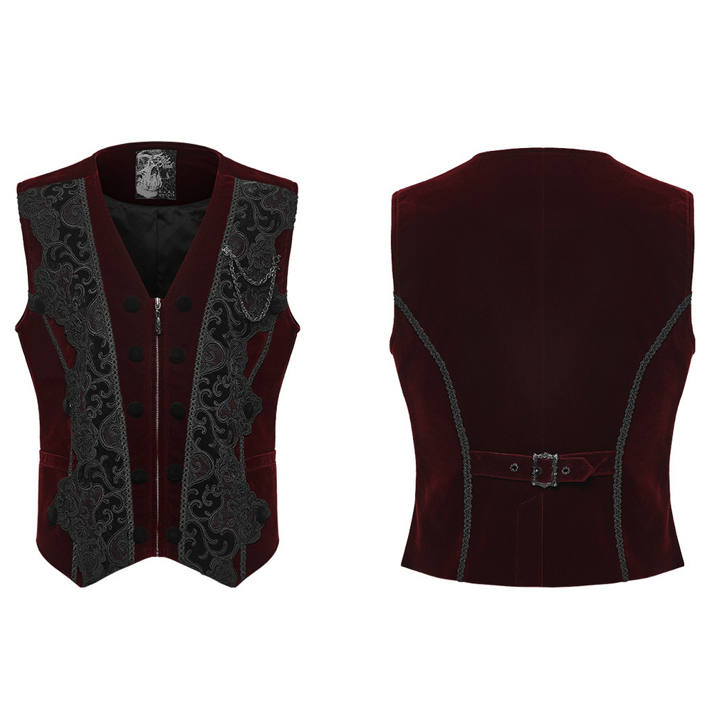 Vintage Dark Pattern Waistcoat with Chain Brooch Detail burgundy velvet men's gothic vest with embroidered lace trim and back buckle