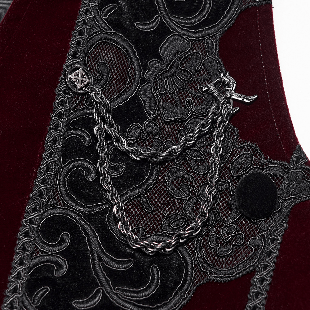 Vintage Dark Pattern Waistcoat with Chain Brooch Detail burgundy velvet gothic embroidered waistcoat with ornate chain detail