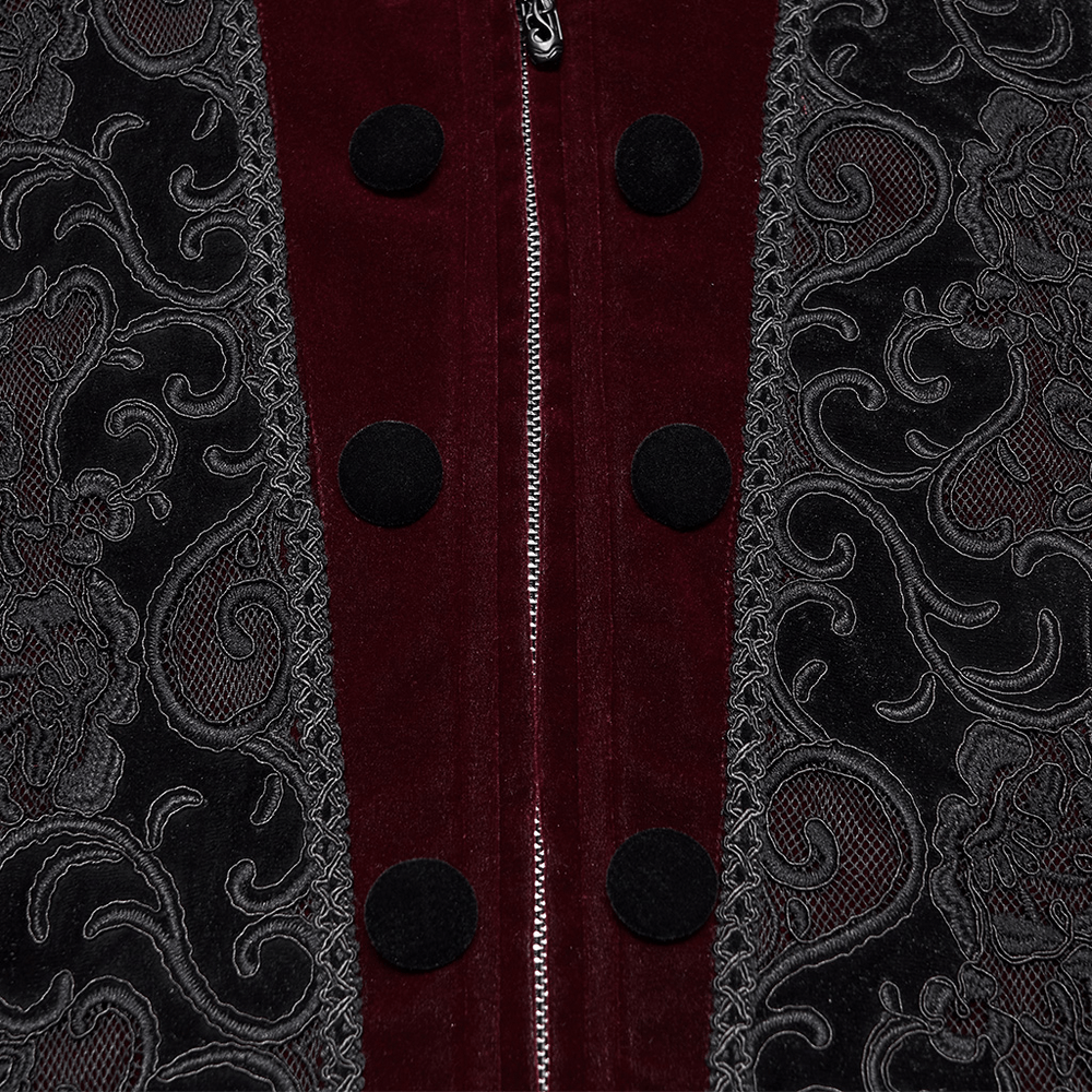 Vintage Dark Pattern Waistcoat with Chain Brooch Detail, burgundy velvet Gothic men's vest with embroidered lace trim
