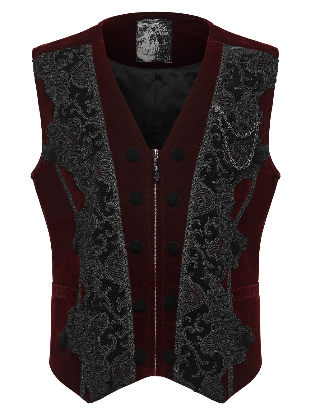Vintage Dark Pattern Waistcoat with Chain Brooch Detail burgundy gothic velvet vest with embroidered lace trim and zipper