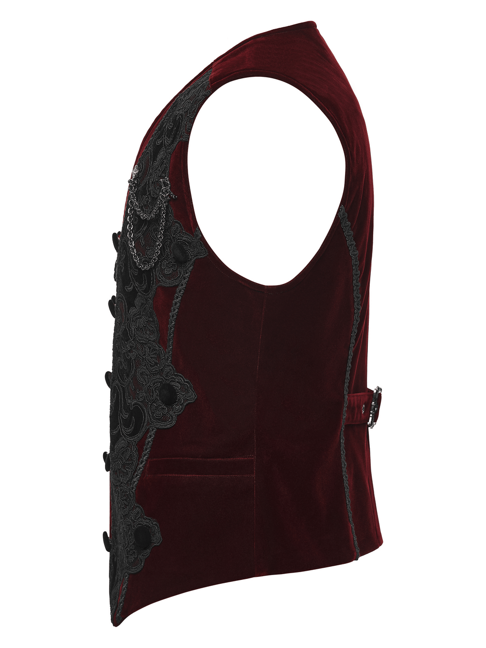 Vintage Dark Pattern Waistcoat with Chain Brooch Detail, gothic burgundy velvet waistcoat with embroidered lace trim and ornate chain