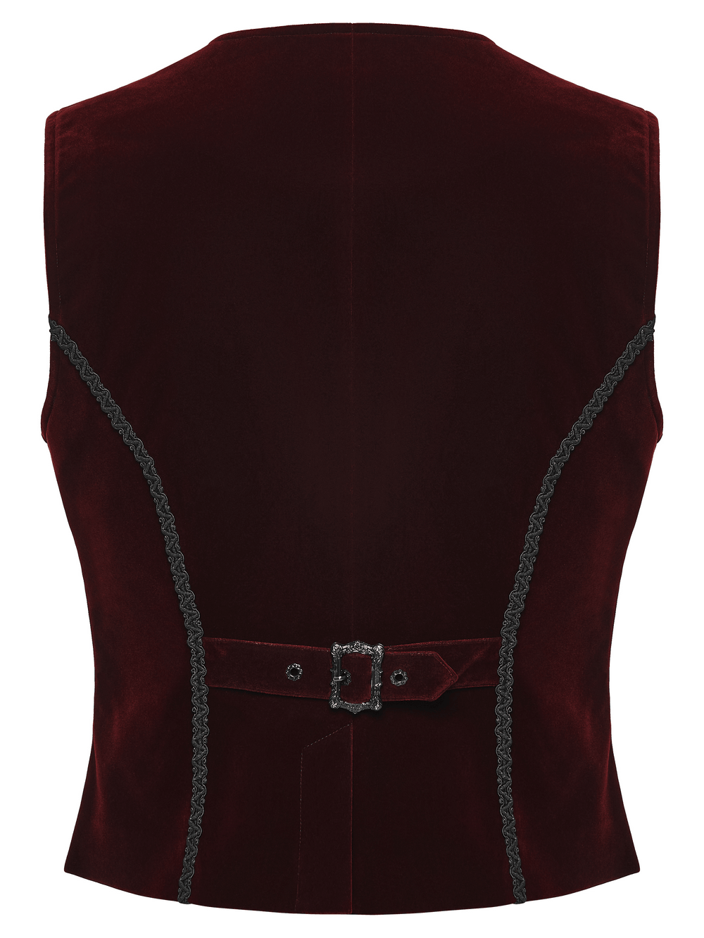 Vintage Dark Pattern Waistcoat with Chain Brooch Detail men’s gothic burgundy velvet back view with embroidered trim