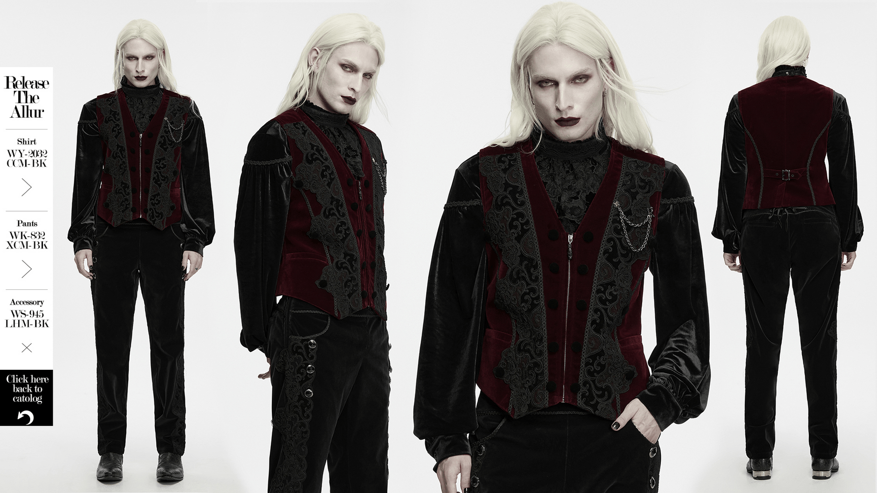 Vintage Dark Pattern Waistcoat with Chain Brooch Detail, gothic burgundy velvet vest with lace trim and tailored fit