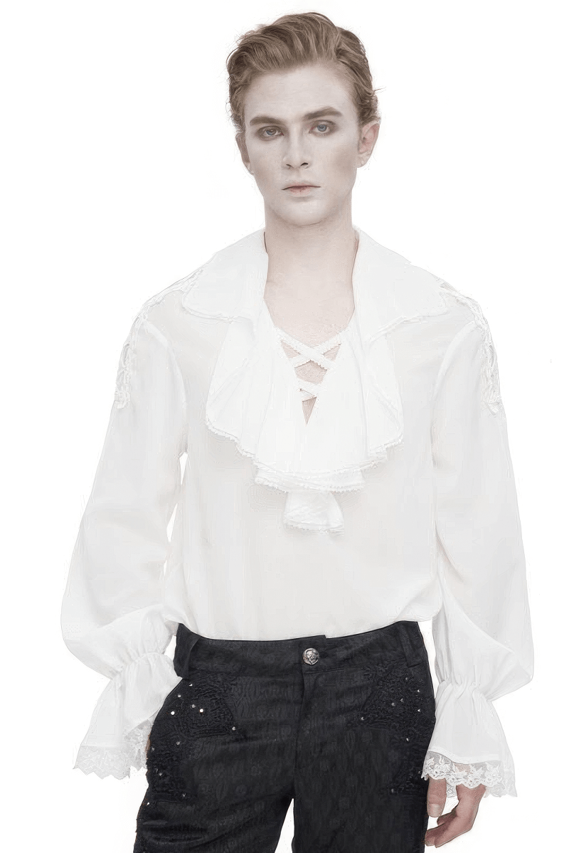 Model showcasing a vintage deep V-collar loose shirt with ruffle sleeves in white, exuding alternative style.