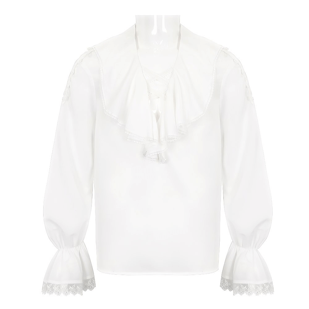 Men's vintage deep V-collar loose shirt with ruffle sleeves in elegant white