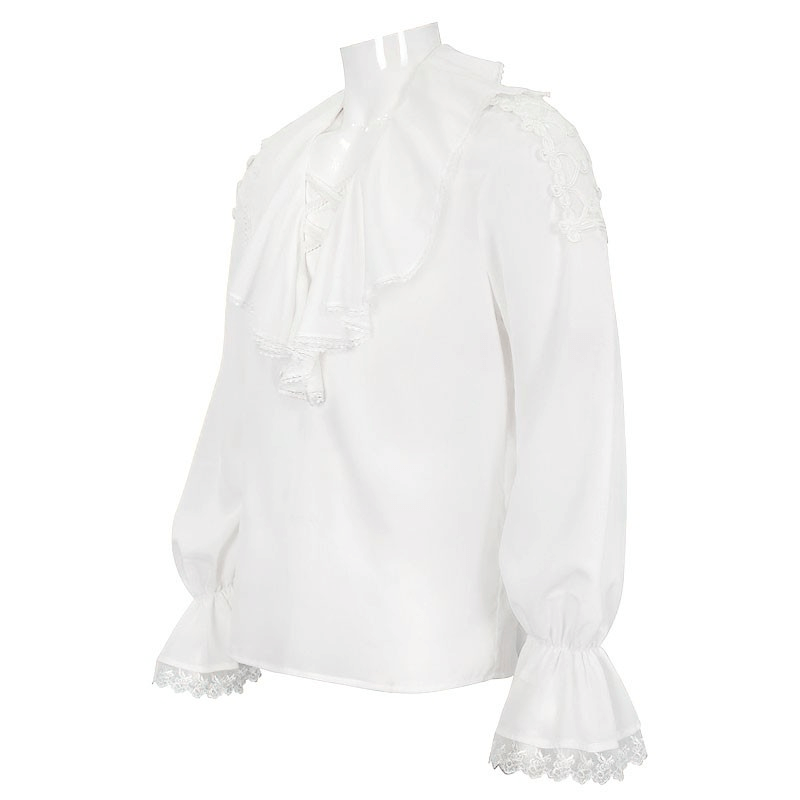 Men's vintage white shirt with deep V-shape collar and ruffle sleeves for a stylish alternative look.