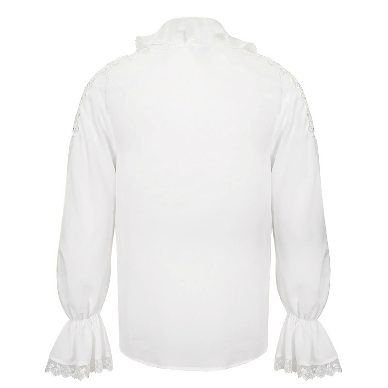 Back view of a vintage men's shirt with ruffle sleeves and deep V-collar, showcasing unique style and elegance.