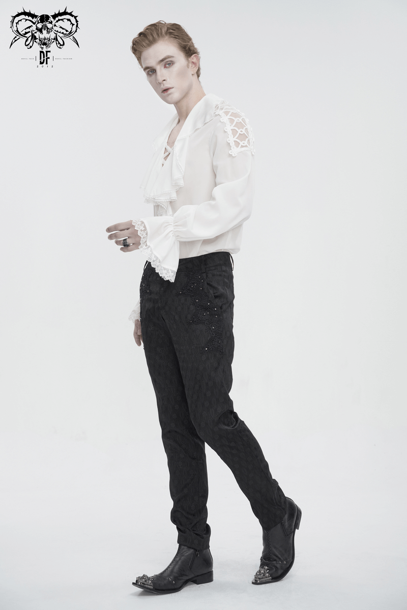 Model wearing a vintage deep V-shape collar shirt with ruffle sleeves and black pants, showcasing alternative style.