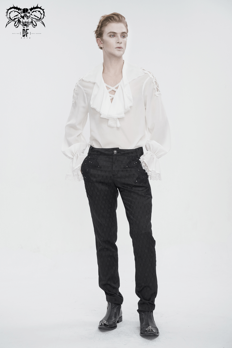 Men's vintage deep V-collar white shirt with ruffle sleeves styled with black trousers.