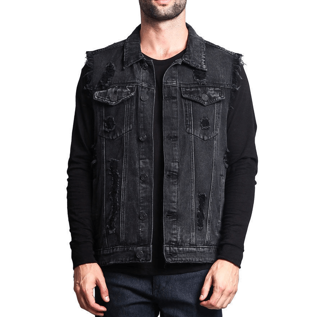 Vintage Denim Sleeveless Jacket for Men / Male Ripped Vest with Buttons - HARD'N'HEAVY