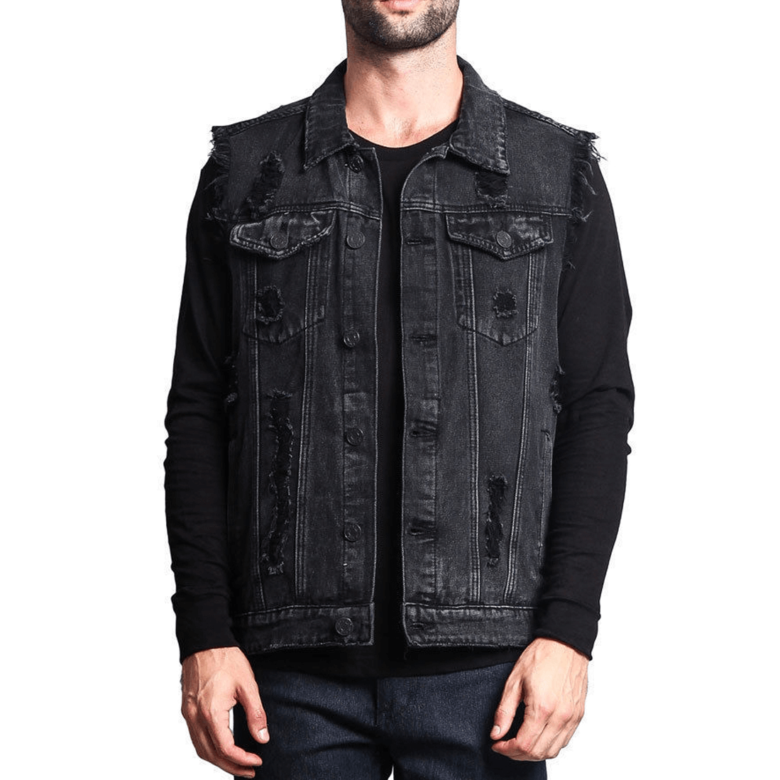 Men's vintage denim sleeveless jacket with ripped details, perfect for layering with modern rugged style.