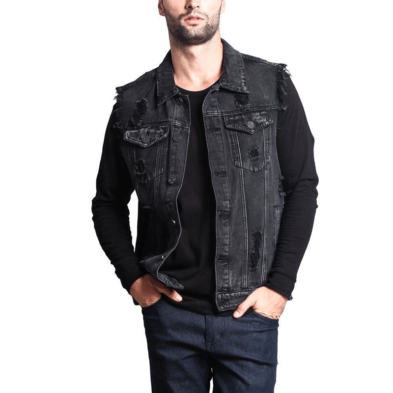 Men's vintage denim sleeveless jacket with ripped details, perfect for layering and adding rugged style to any outfit.