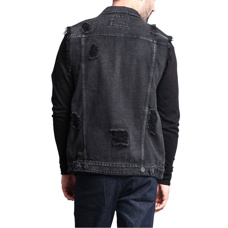 Men's vintage denim sleeveless jacket with a ripped back design, perfect for layering and adding rugged charm.