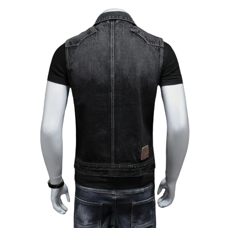 Back view of a vintage denim vest for men, showcasing its sleeveless design and rock-style cotton fabric.