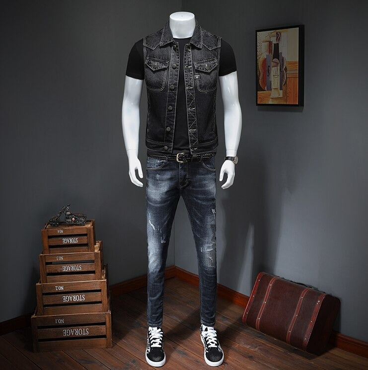 Stylish vintage denim vest for men, perfect for rock outfits, displayed on a mannequin in a cozy room.