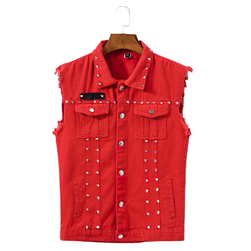 Vintage Denim Vest / Men's Red Revit Sleeveless Jacket - HARD'N'HEAVY