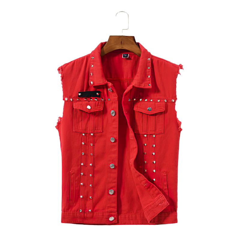 Vintage Denim Vest / Men's Red Revit Sleeveless Jacket - HARD'N'HEAVY