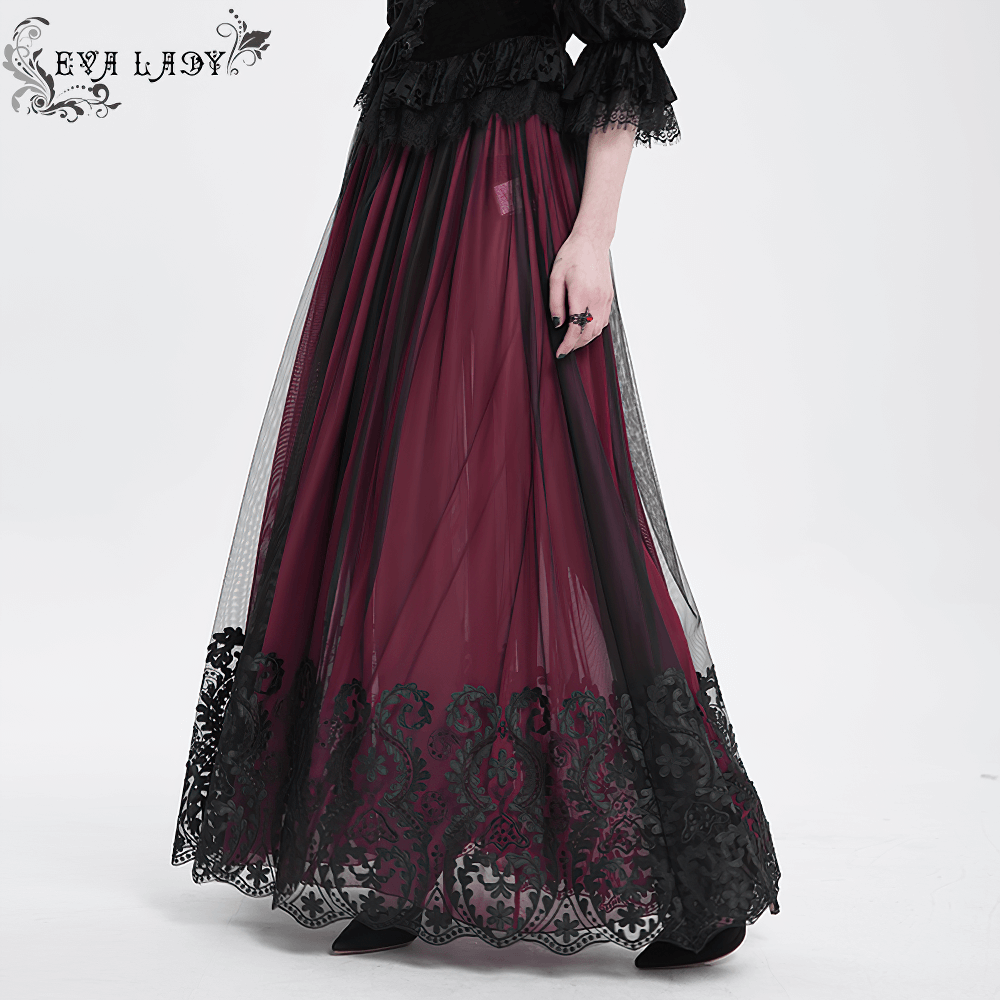 Vintage Gothic wine red mesh maxi skirt with black embroidered hem for elegant alternative fashion.