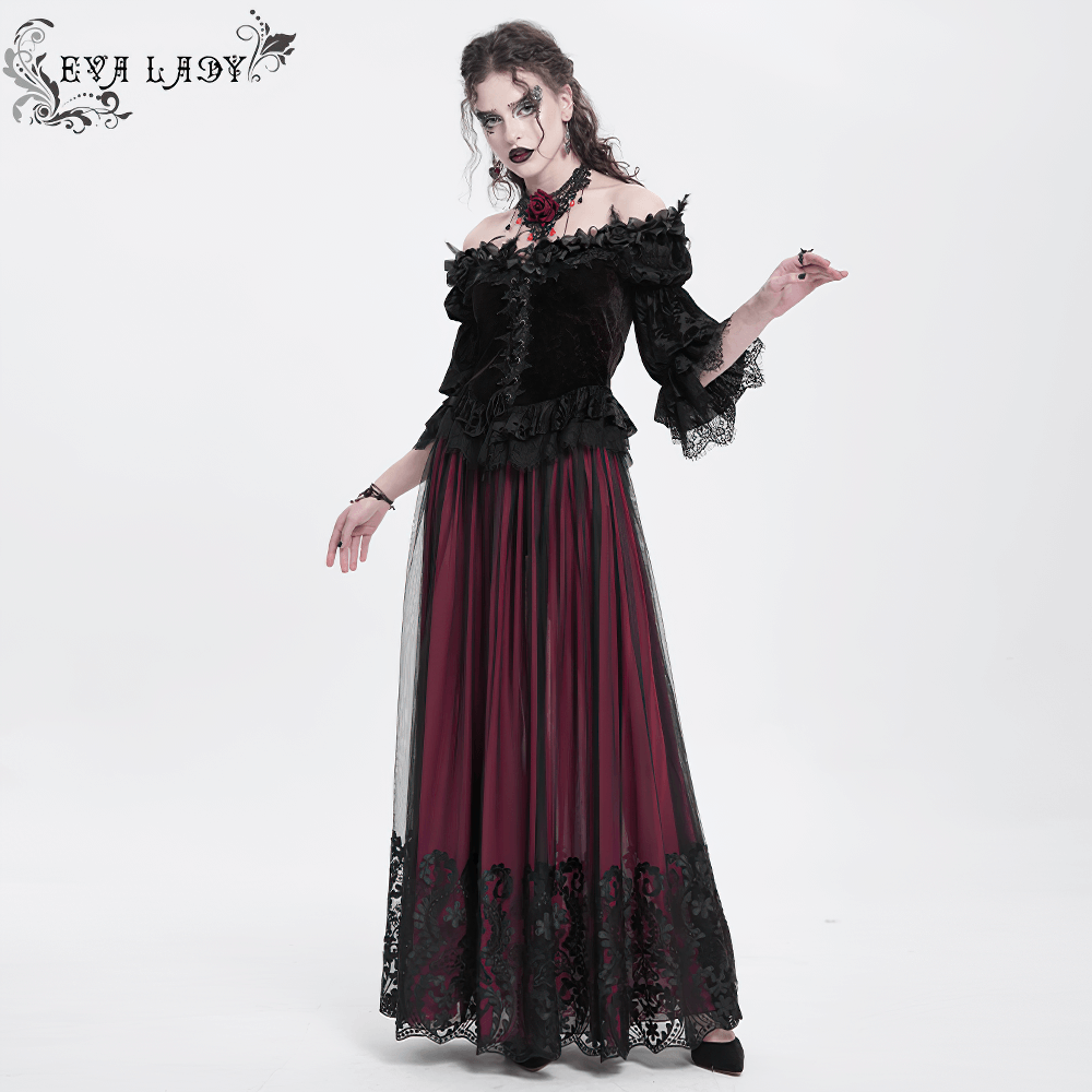 Vintage Gothic wine red mesh maxi skirt with embroidered black lace hem in elegant outfit.