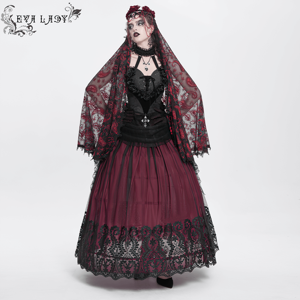 Vintage Gothic woman wearing a wine red mesh maxi skirt with black lace overlay, showcasing elegant embroidery and dramatic style.