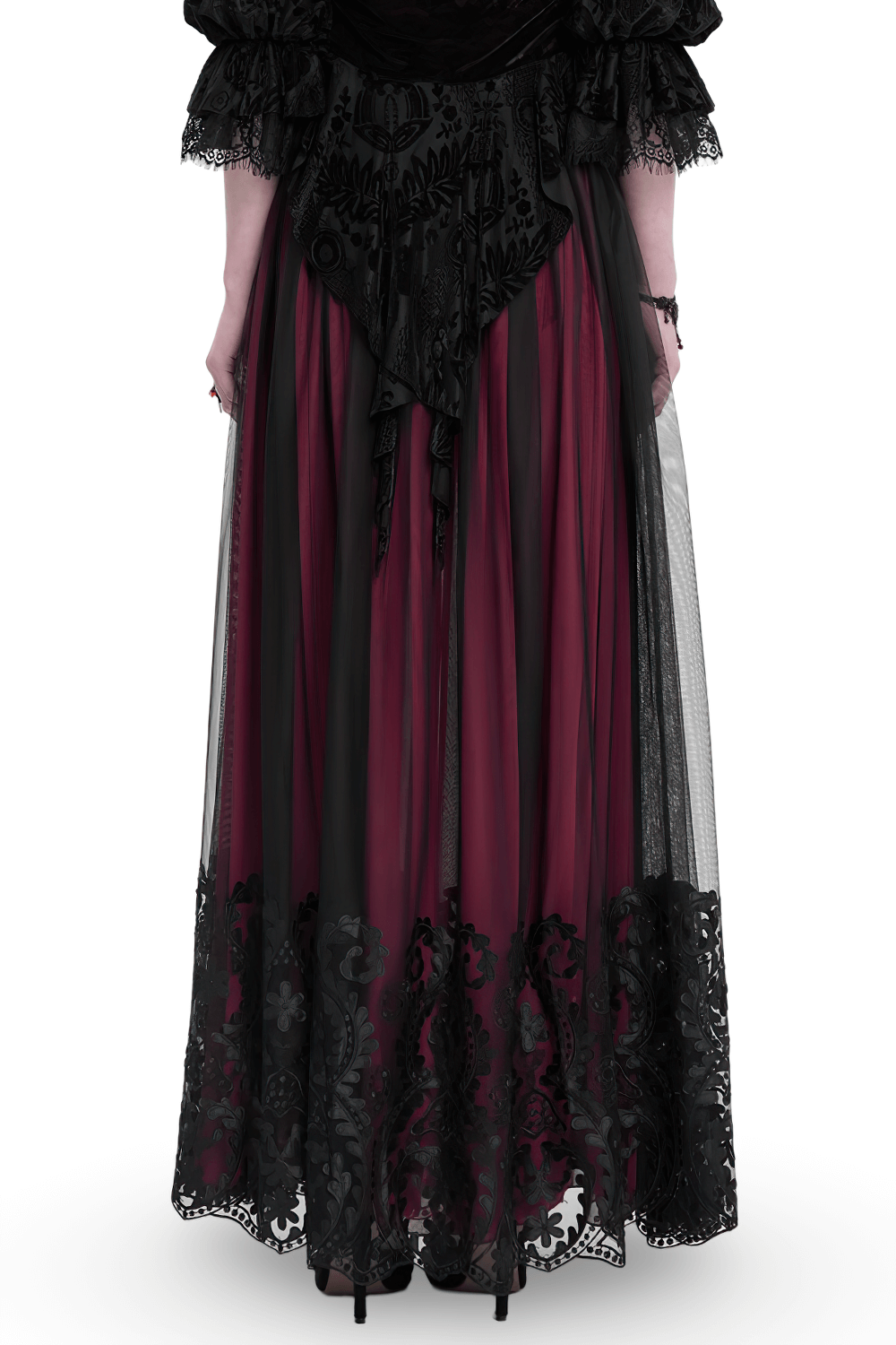 Elegant vintage gothic mesh maxi skirt in wine red with black overlay and intricate embroidery, perfect for alternative styles.