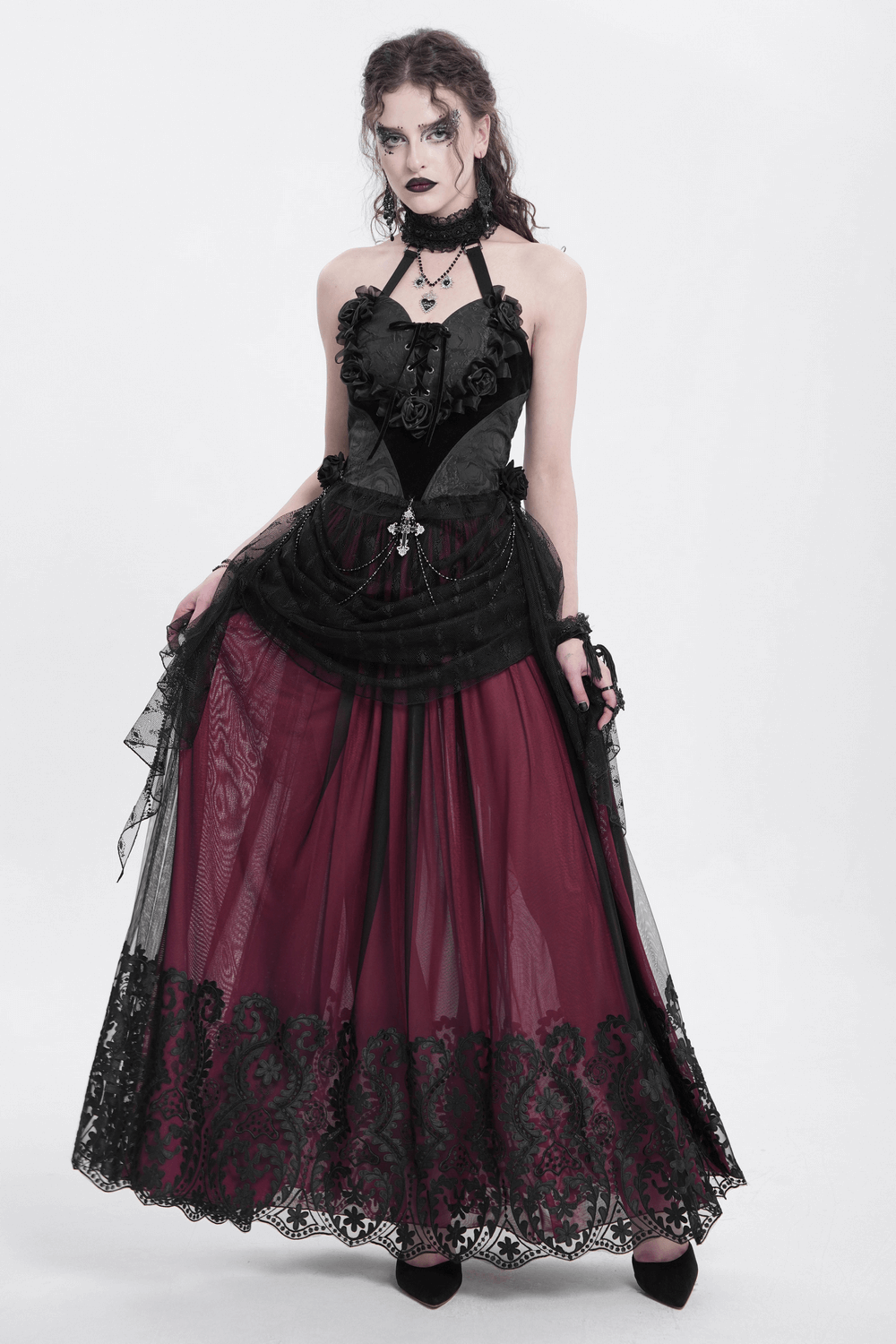 Vintage gothic wine red mesh maxi skirt with embroidered hem, flowing design, and elegant silhouette.