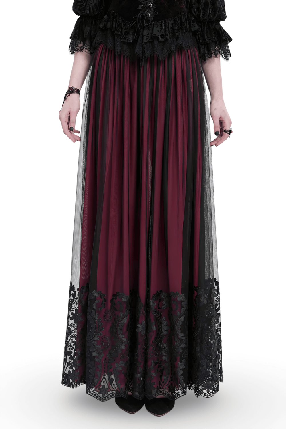 Elegant gothic wine red mesh maxi skirt with intricate embroidery, perfect for Victorian and alternative fashion.