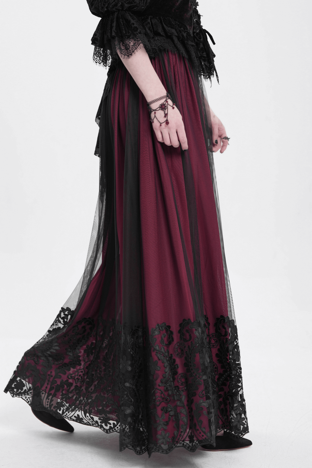 Vintage gothic wine red mesh maxi skirt with elegant black lace detailing and embroidered hem.