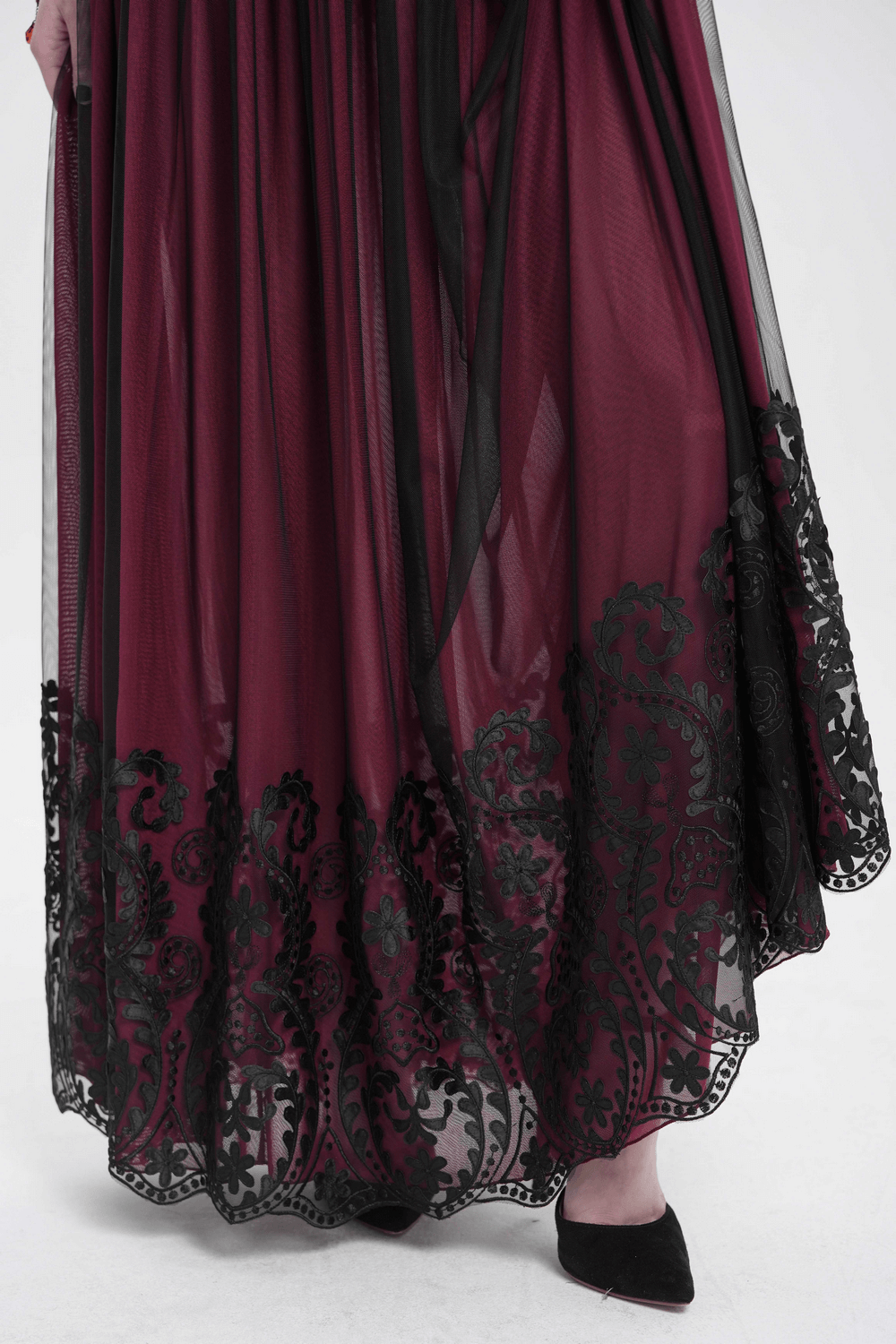 Elegant vintage gothic wine red mesh maxi skirt with intricate black embroidery and flowing layers.