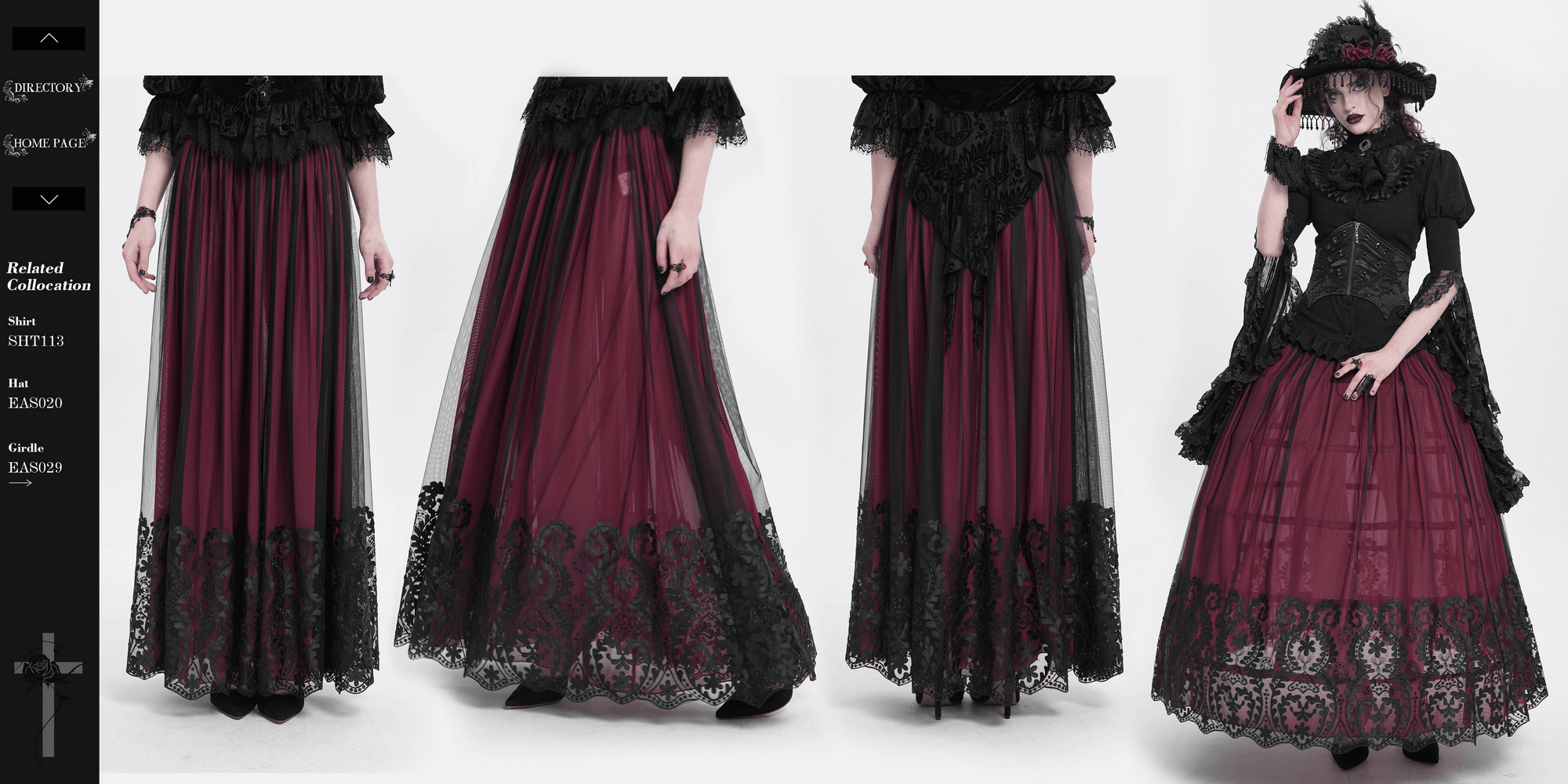 Elegant vintage gothic maxi skirt in wine red, featuring embroidered hem and flowing mesh overlay, perfect for alternative fashion.
