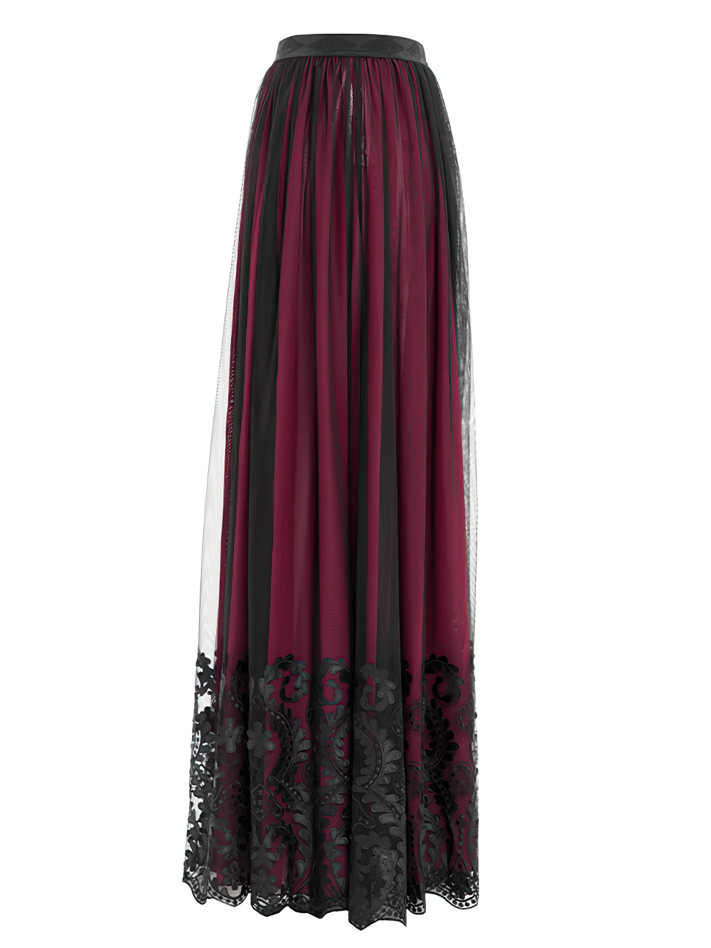 Vintage Gothic Wine Red Mesh Maxi Skirt with Black Embroidery for dramatic elegance in alternative fashion.