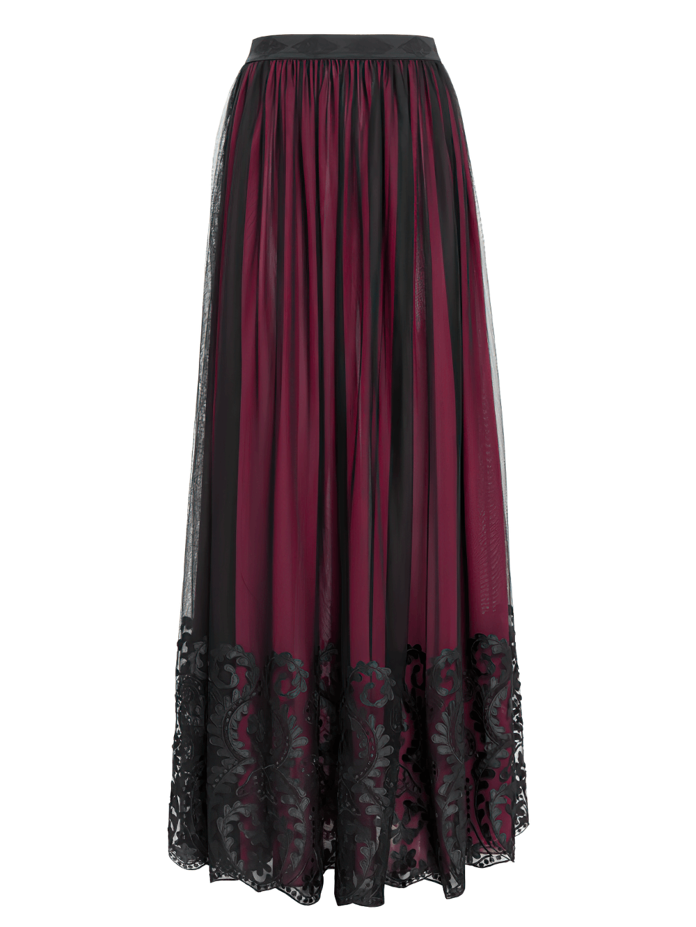 Vintage gothic wine red mesh maxi skirt with black embroidered hem and elastic waist, perfect for elegant outfits.