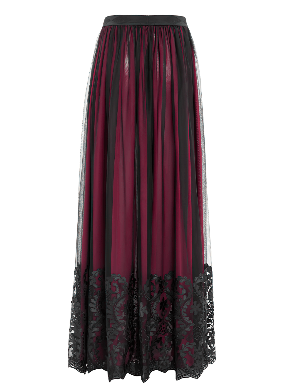 Vintage gothic wine red mesh maxi skirt with intricate black embroidery and flowing design. Perfect for alternative styles.