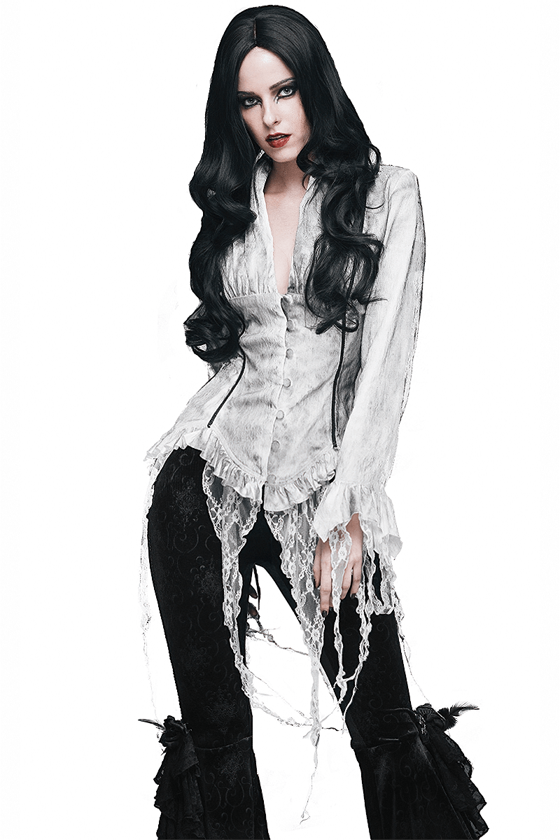 Elegant white deep V blouse with lace detailing, styled in gothic fashion, perfect for women who appreciate vintage charm.
