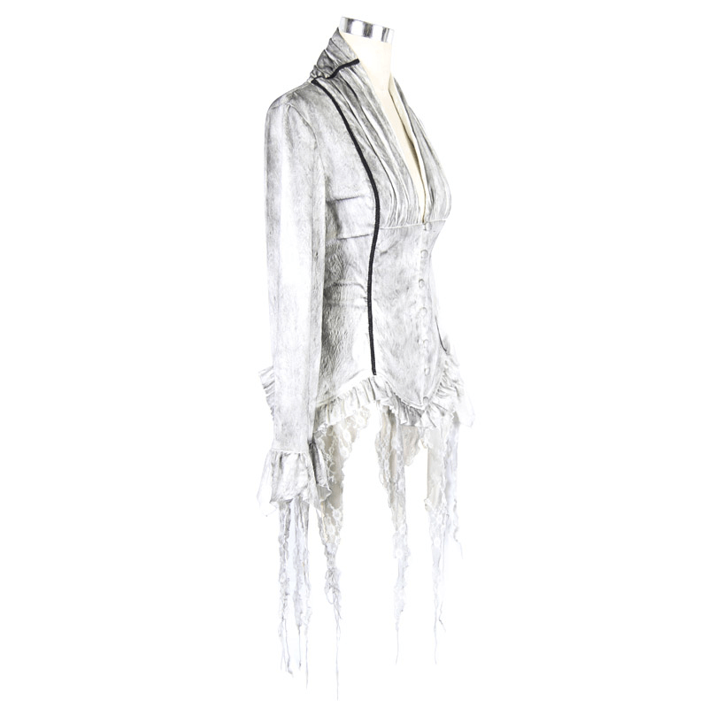 Vintage elegant white deep V blouse for women with gothic long sleeves and lace inserts.
