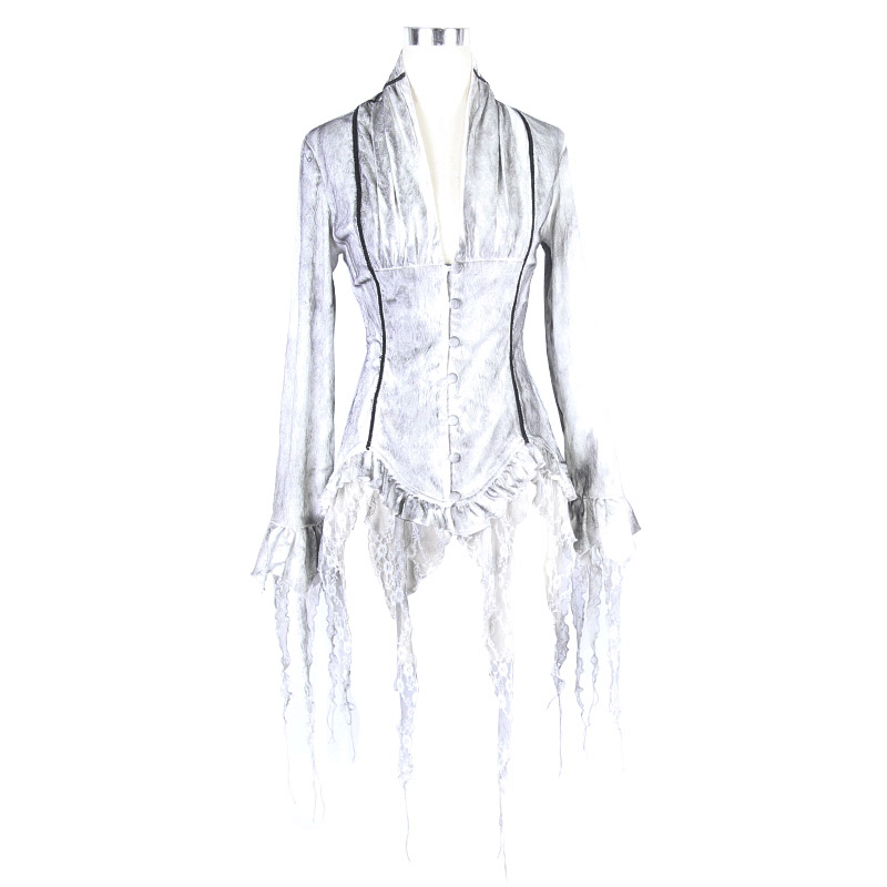 Elegant white deep V blouse for women with gothic lace details and long sleeves, perfect for vintage style lovers.