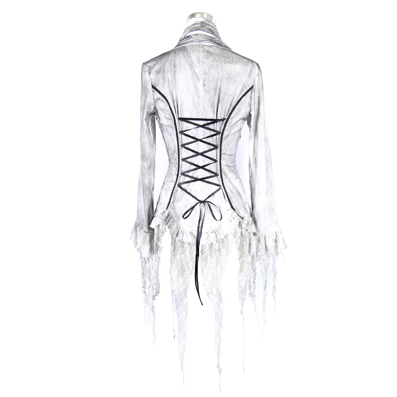 Back view of a vintage white gothic blouse with lace-up detailing and ruffled edges, perfect for elegant occasions.