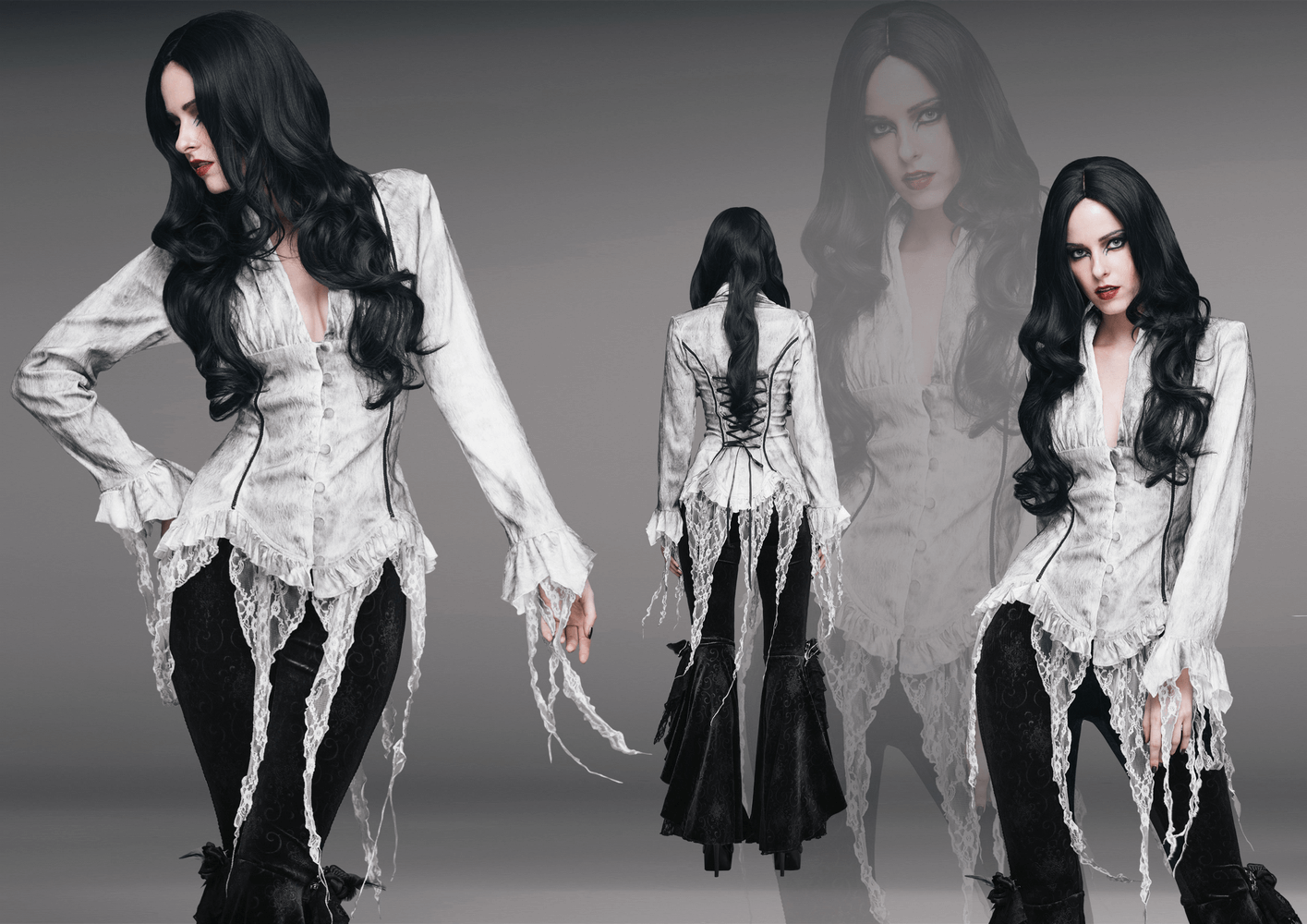 Elegant white deep V blouse for women with gothic style, featuring lace inserts and vintage cut, perfect for a chic look.