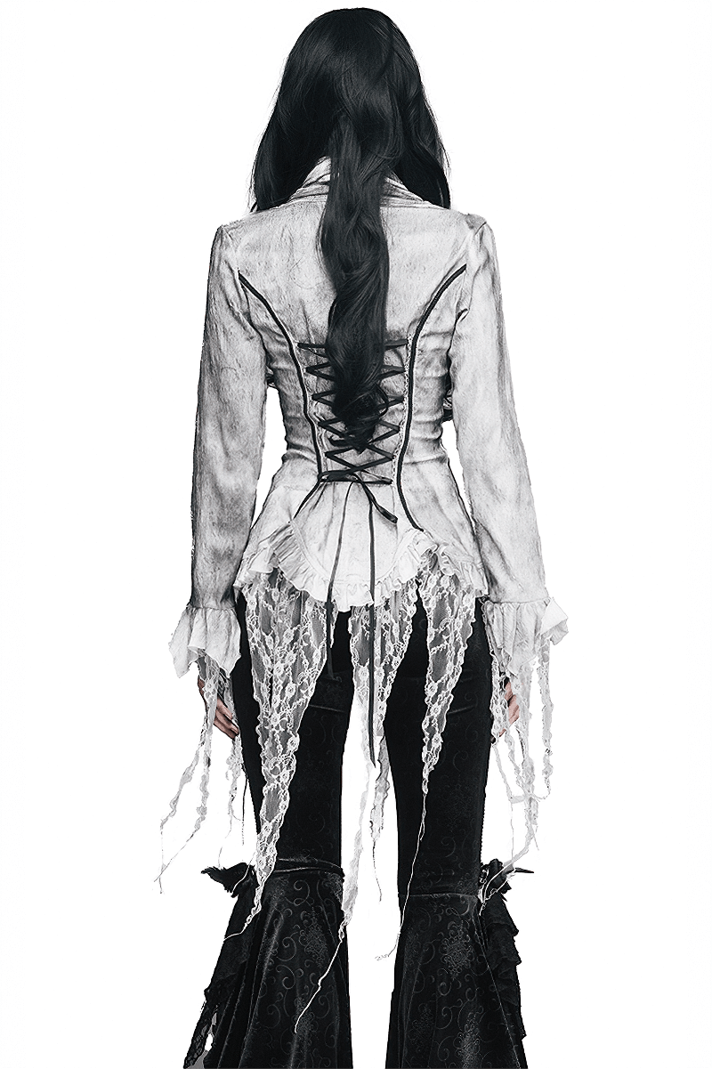 Back view of a women's vintage gothic blouse with lace, elegant design, and deep V cut.