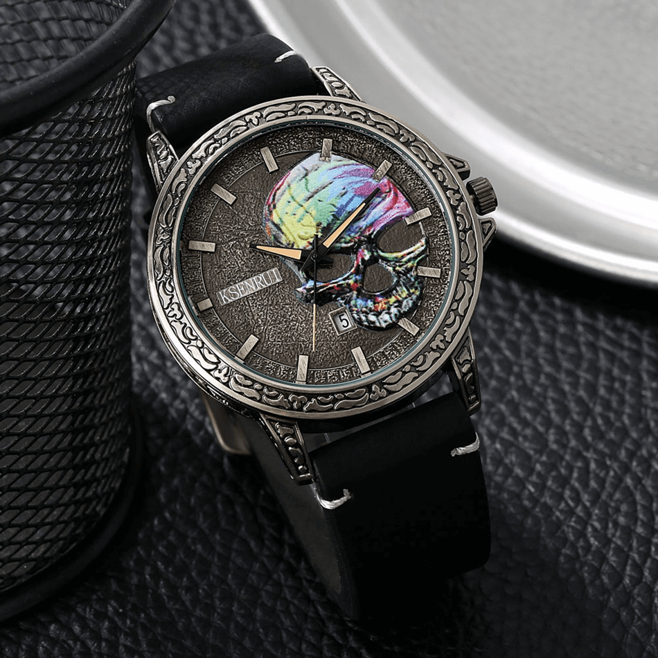 Vintage Embossed Colorful Skull Dial Clock / Leather Band Quartz Wristwatches - HARD'N'HEAVY