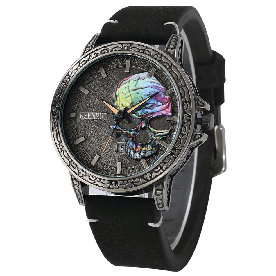 Vintage Embossed Colorful Skull Dial Clock / Leather Band Quartz Wristwatches - HARD'N'HEAVY