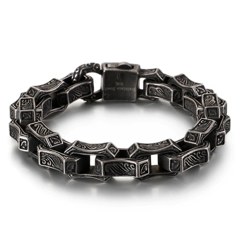 Vintage Engraving Square Bracelet / Men's Stainless Steel Cuff Chain / Punk Bangle Jewelry - HARD'N'HEAVY