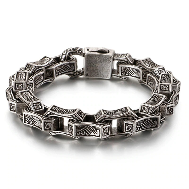 Vintage Engraving Square Bracelet / Men's Stainless Steel Cuff Chain / Punk Bangle Jewelry - HARD'N'HEAVY
