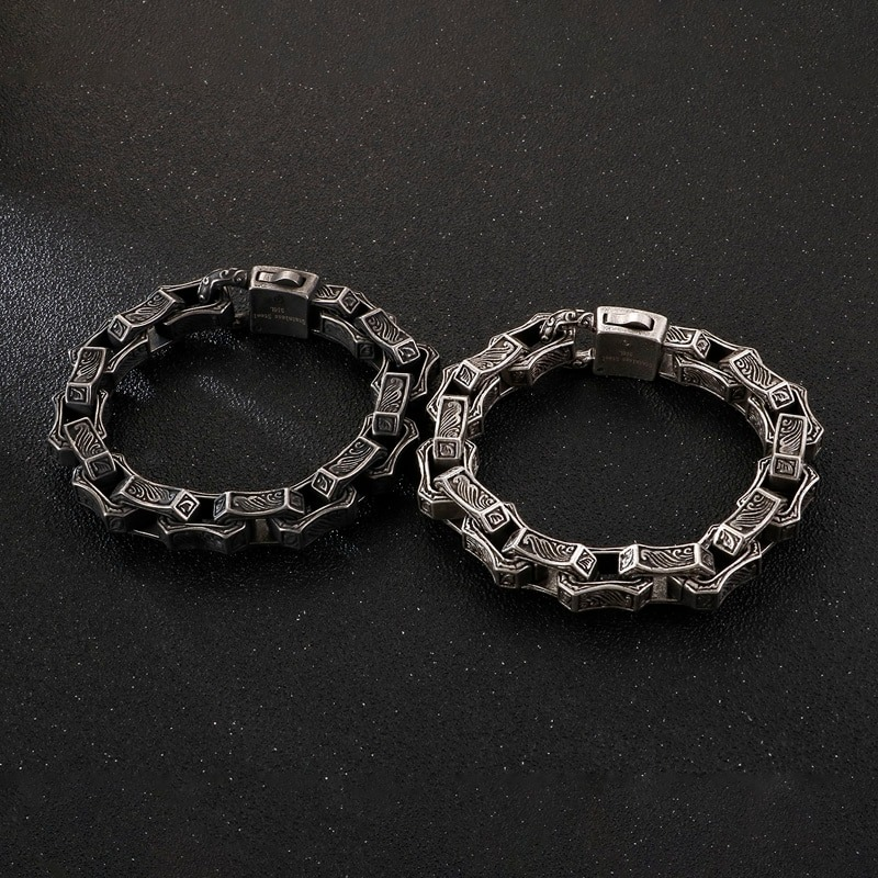 Vintage Engraving Square Bracelet / Men's Stainless Steel Cuff Chain / Punk Bangle Jewelry - HARD'N'HEAVY