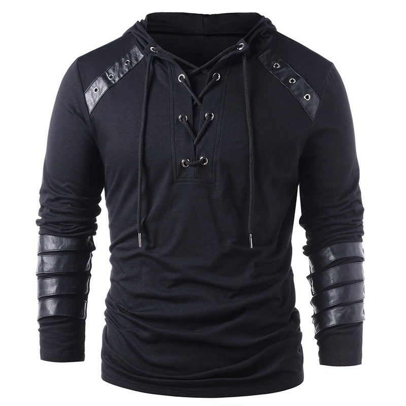 Vintage black faux leather patchwork hoodie with drawstring, long sleeves, and stylish design for men.