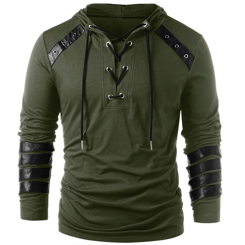 Vintage faux leather patchwork hoodie in olive green with lace-up design and full sleeves, perfect for casual male wear.