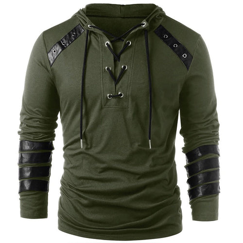 Vintage Faux Leather Patchwork Lace-Up Hoodie / Full Sleeve Drawstring Hoodies / Male Outerwear