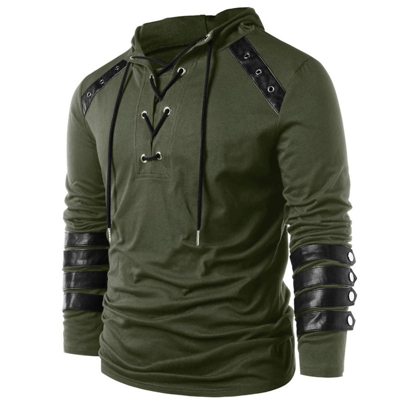 Vintage faux leather patchwork hoodie in olive green with lace-up design and full sleeves. Perfect alternative outerwear for men.